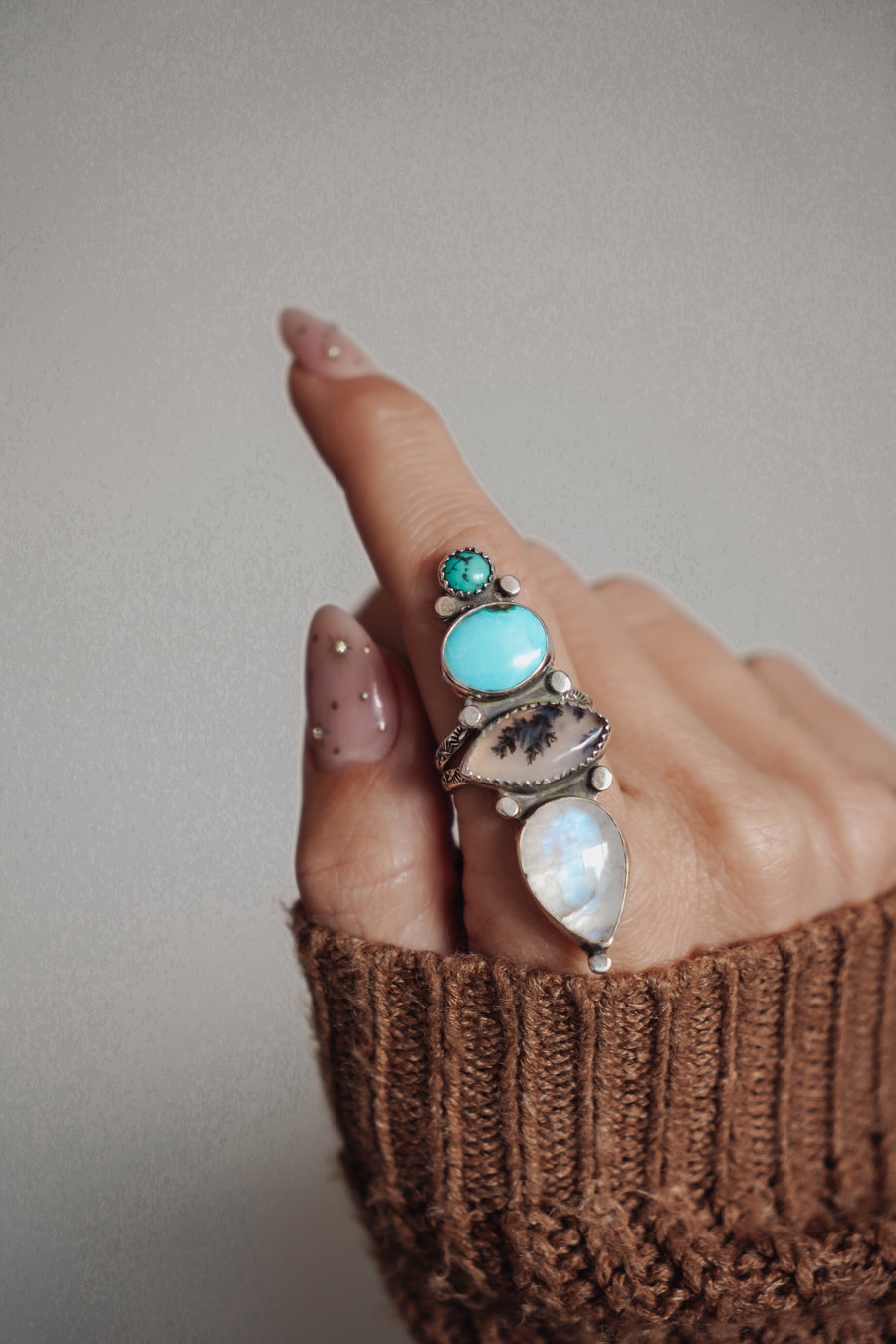 Cairn Ring in Rainbow Moonstone, Scenic Agate & Hubei + Sonoran Mtn Turquoise (Size 9.25)