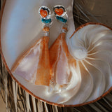 Earrings in Spiny Oyster Hearts and pearl beads