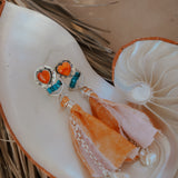 Earrings in Spiny Oyster Hearts and pearl beads
