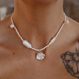 Puka Shell & Freshwater Pearl Necklace with Sterling Silver Flower Bouquet Charm