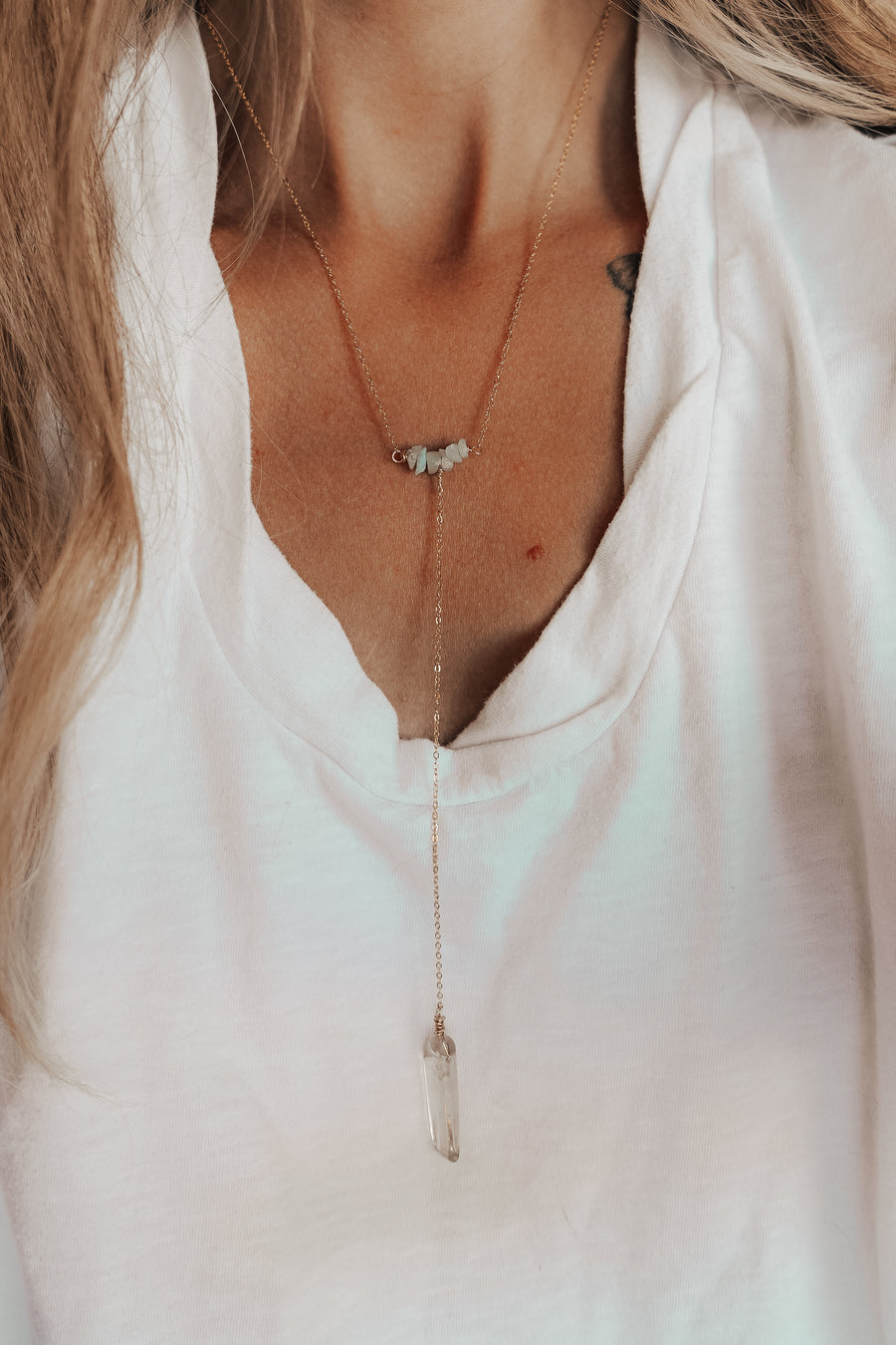 The Free Fall Lariat Necklace with Clear Crystal Quartz & Aquamarine