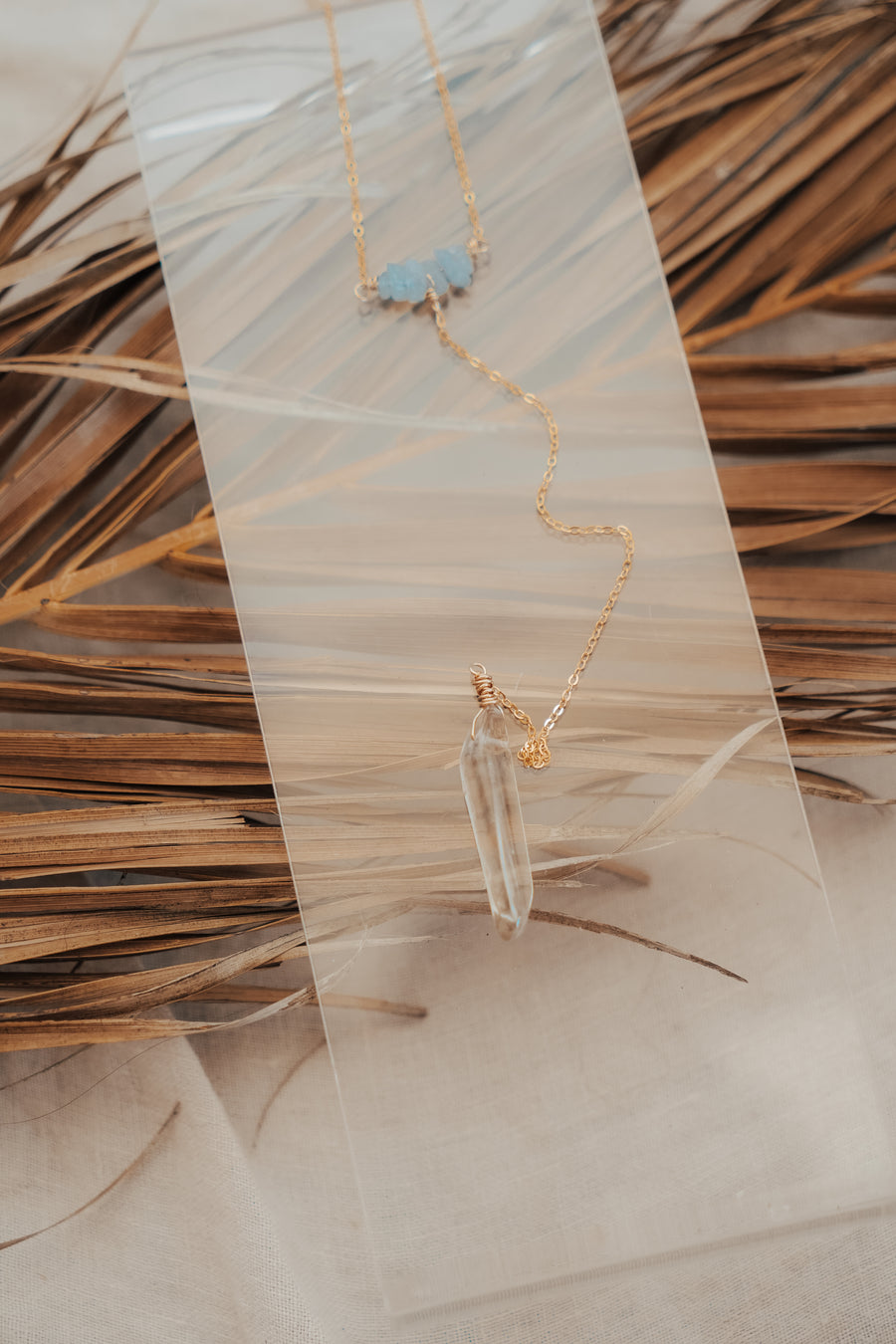 The Free Fall Lariat Necklace with Clear Crystal Quartz & Aquamarine