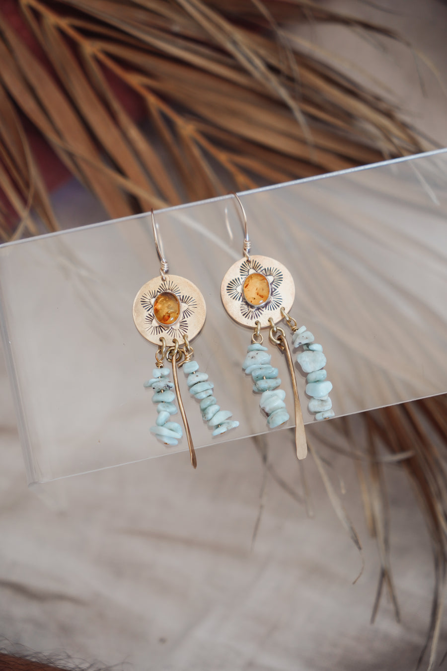The Amber Blossom Dangle Earrings with Larimar
