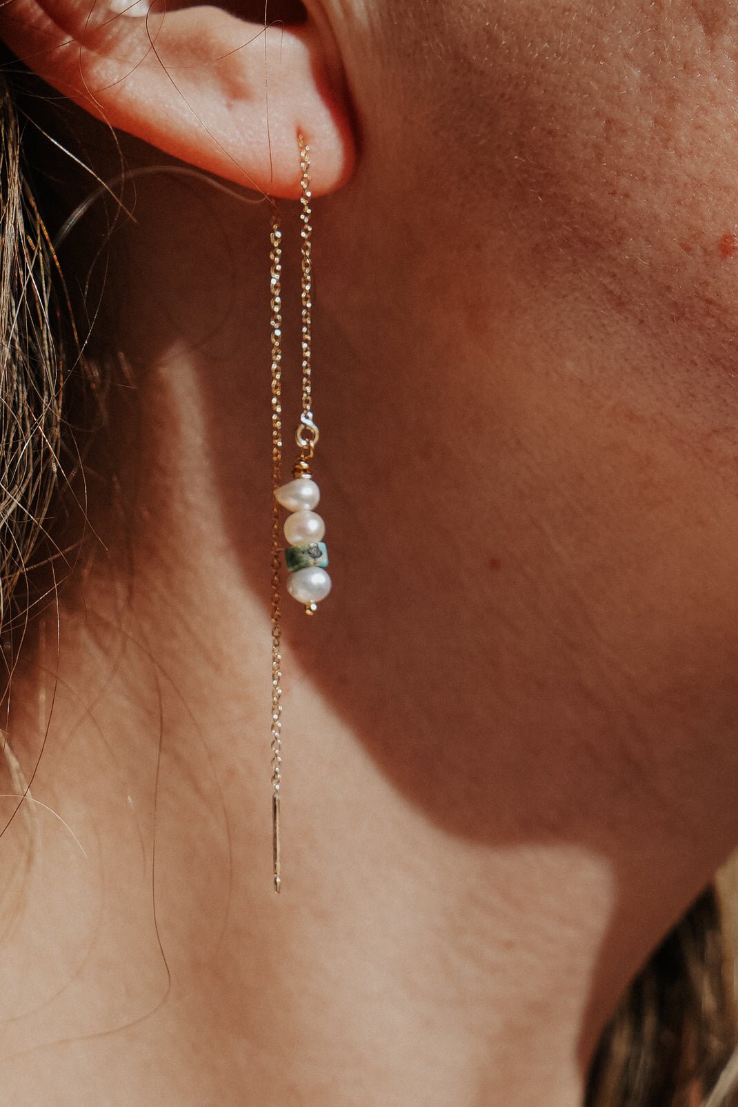 14k Gold - Fill Ear Threader in Pearl + Turquoise - Golden Road Crafted