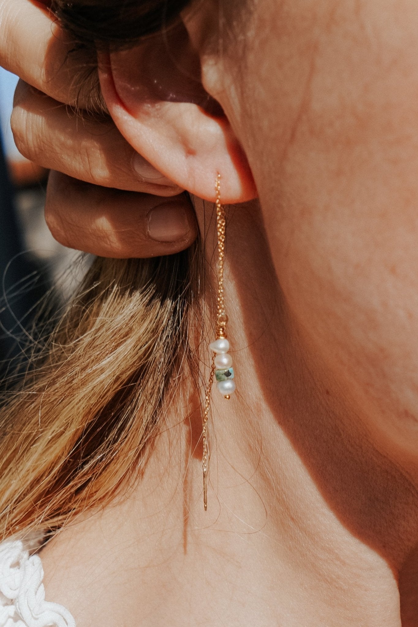 14k Gold - Fill Ear Threader in Pearl + Turquoise - Golden Road Crafted