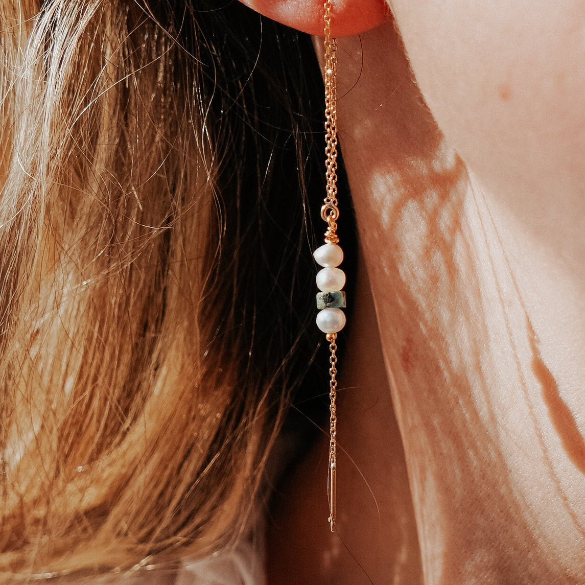 14k Gold - Fill Ear Threader in Pearl + Turquoise - Golden Road Crafted