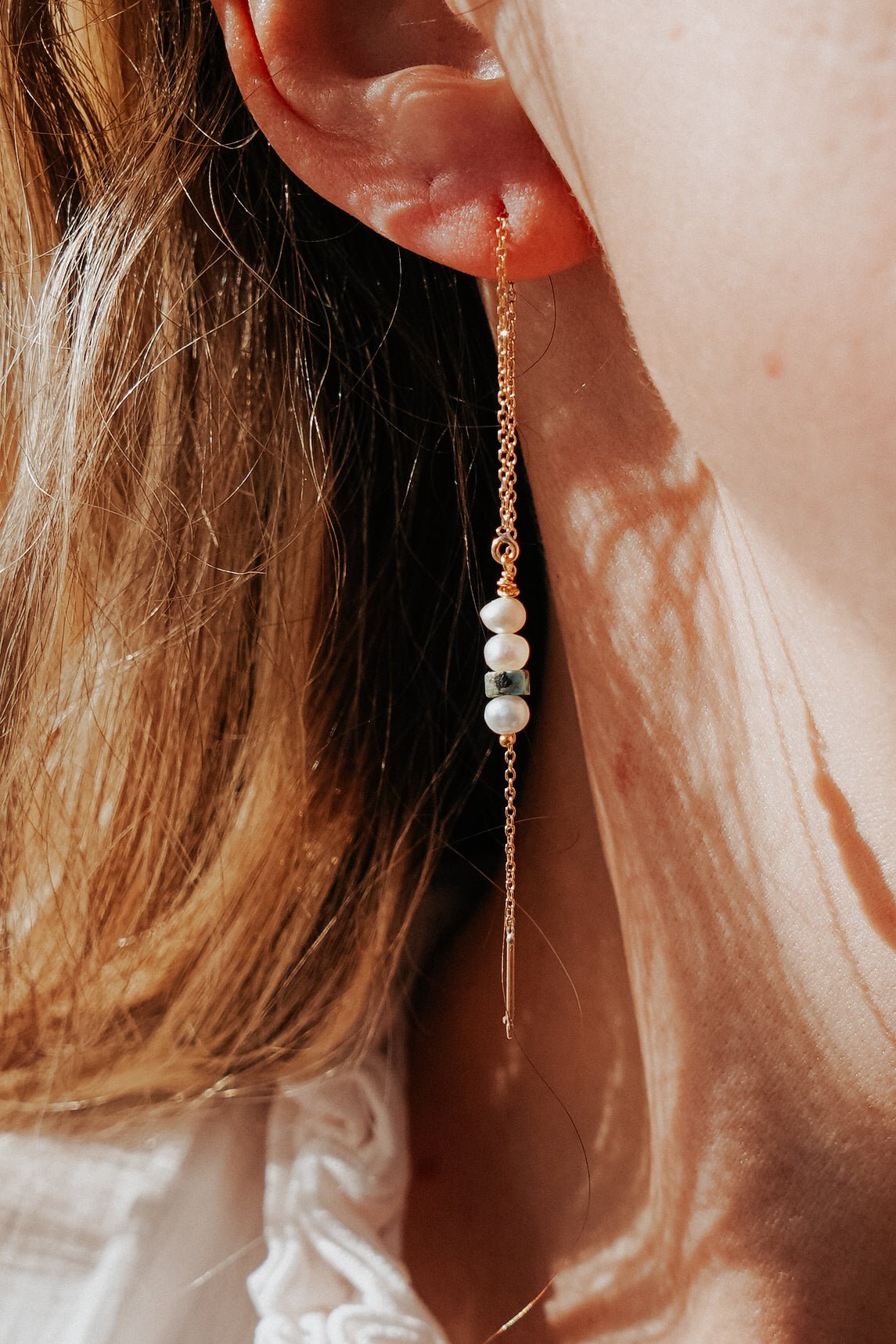 14k Gold - Fill Ear Threader in Pearl + Turquoise - Golden Road Crafted