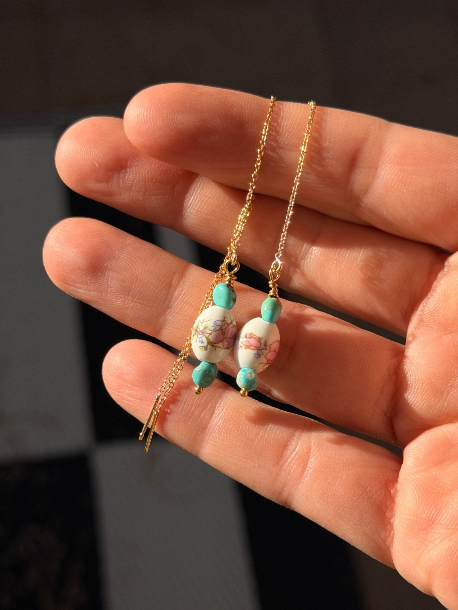 14k Gold - fill Ear Threaders with Turquoise + Porcelain Beads - Golden Road Crafted