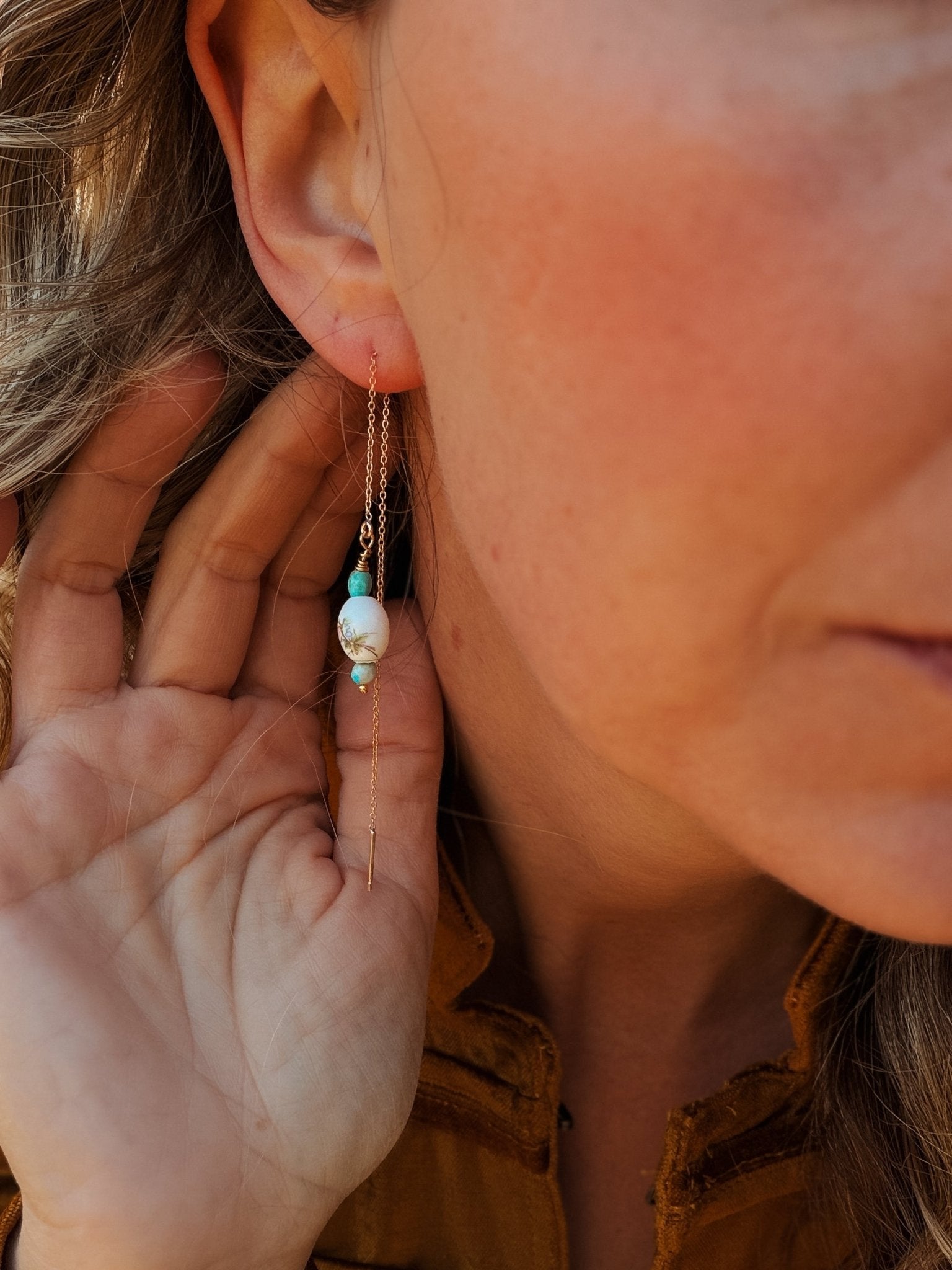 14k Gold - fill Ear Threaders with Turquoise + Porcelain Beads - Golden Road Crafted