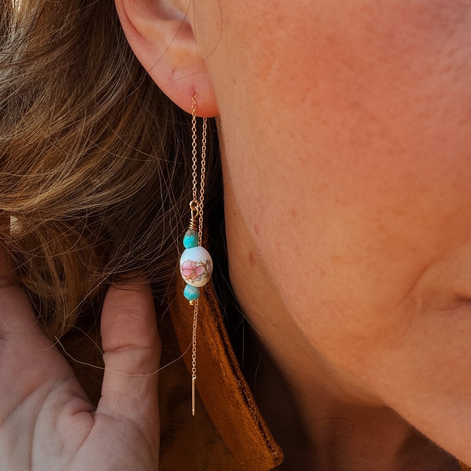 14k Gold - fill Ear Threaders with Turquoise + Porcelain Beads - Golden Road Crafted