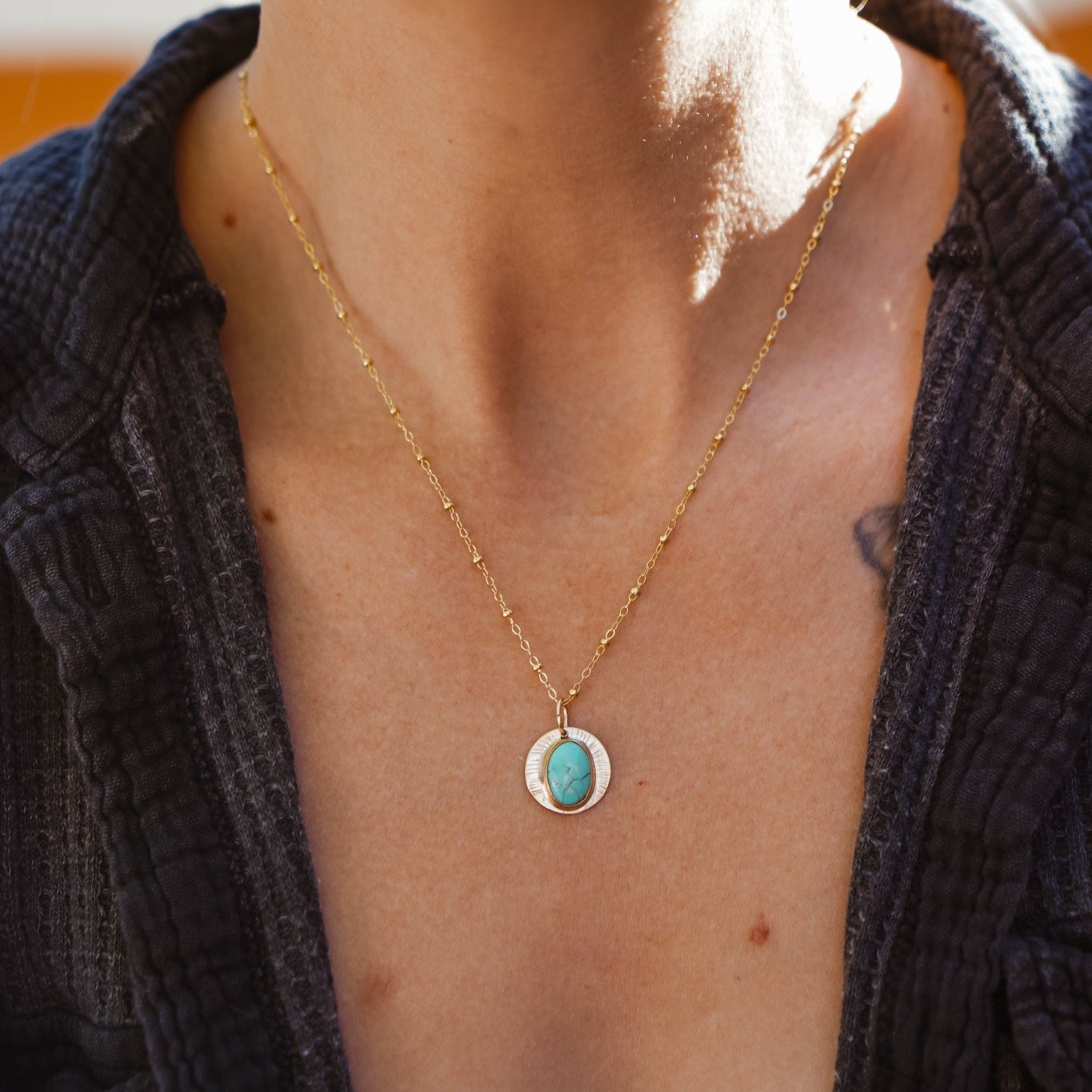 14k Gold - Fill Necklace in Carico Lake Turquoise - Golden Road Crafted