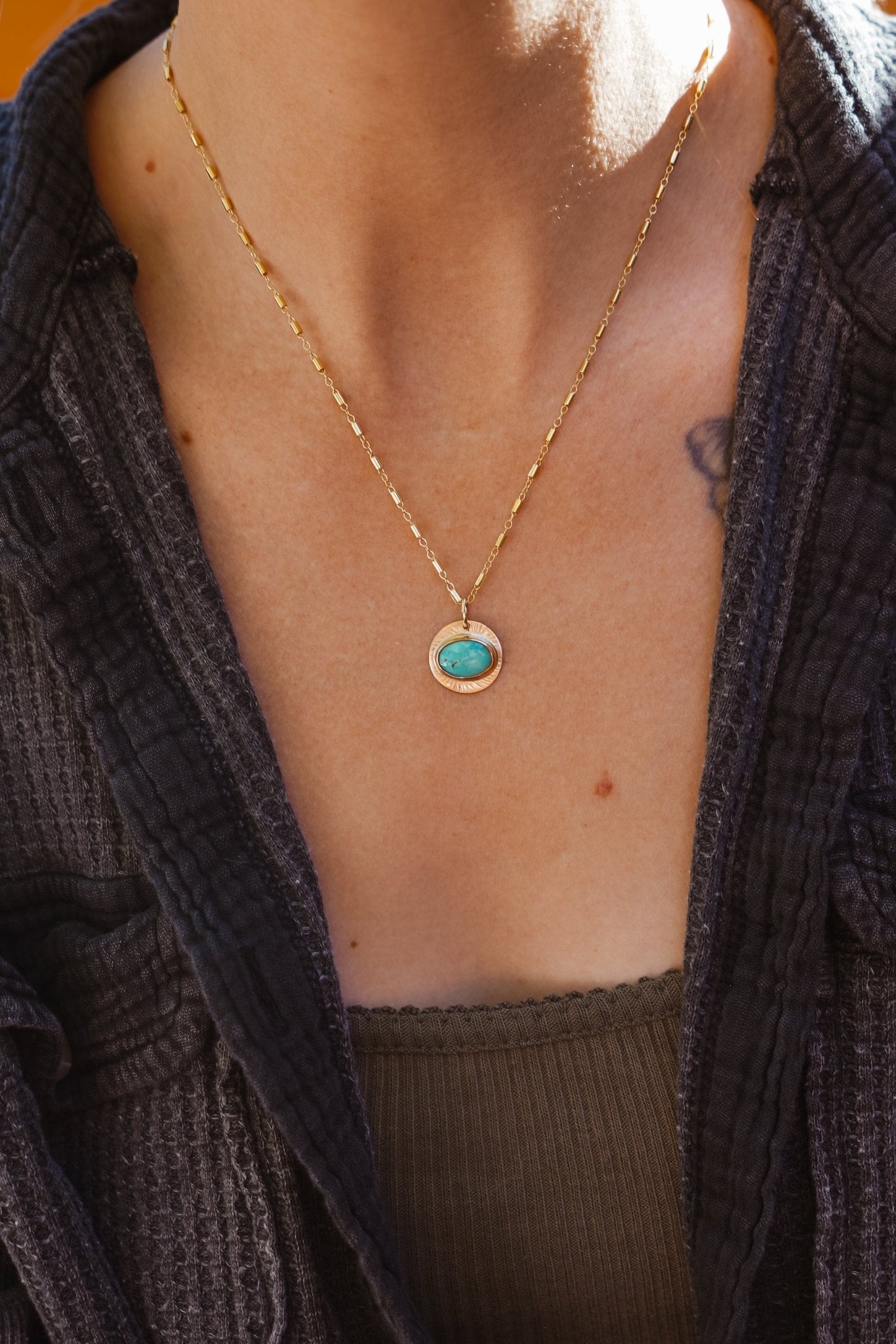 14k Gold - Fill Necklace in Carico Lake Turquoise - Golden Road Crafted