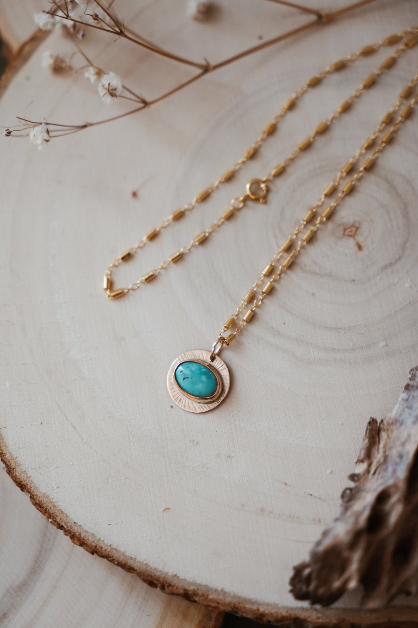14k Gold - Fill Necklace in Carico Lake Turquoise - Golden Road Crafted
