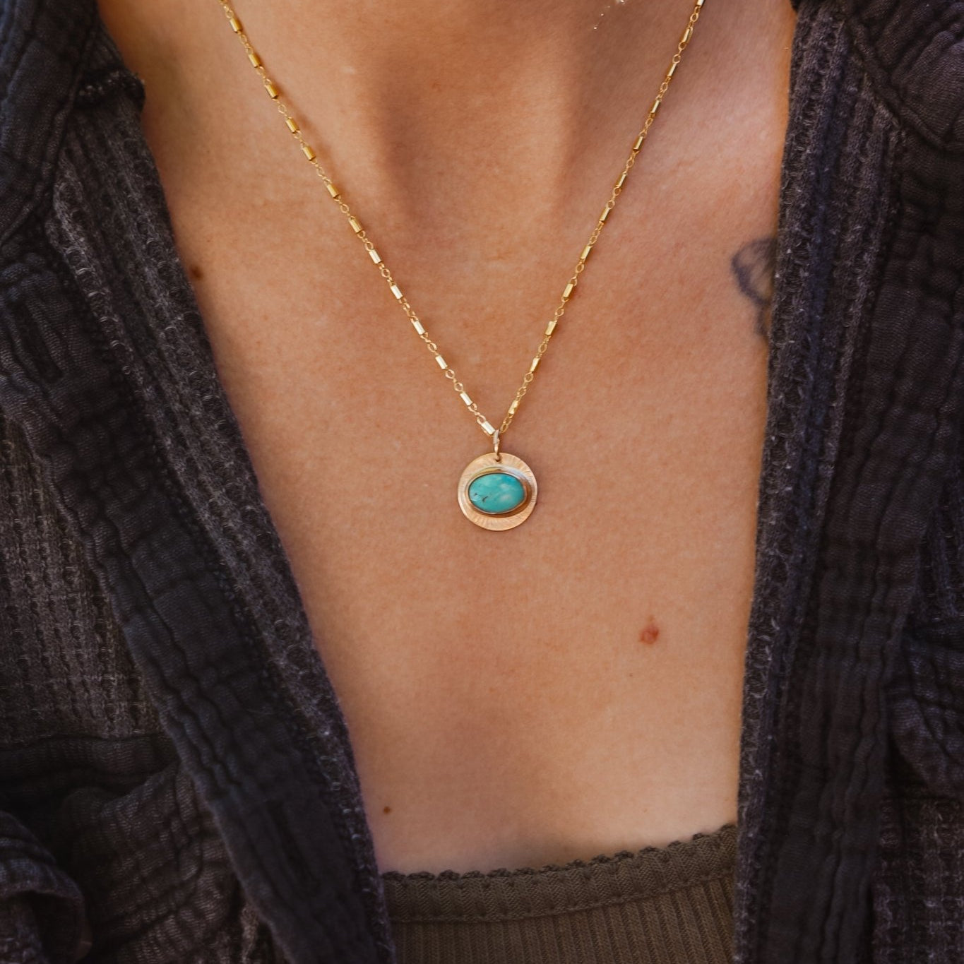 14k Gold - Fill Necklace in Carico Lake Turquoise - Golden Road Crafted