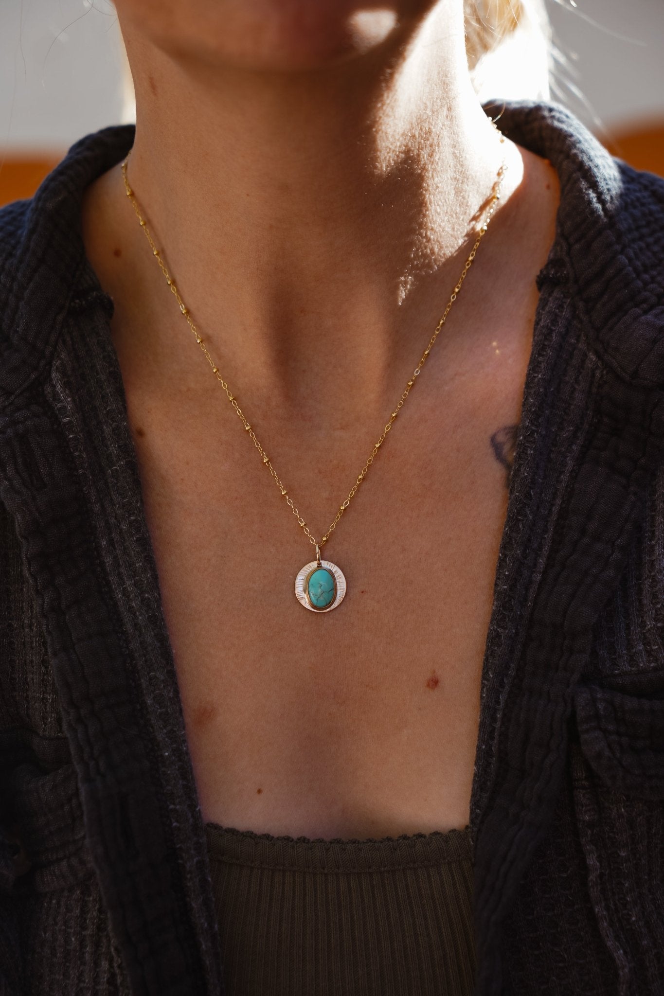 14k Gold - Fill Necklace in Carico Lake Turquoise - Golden Road Crafted