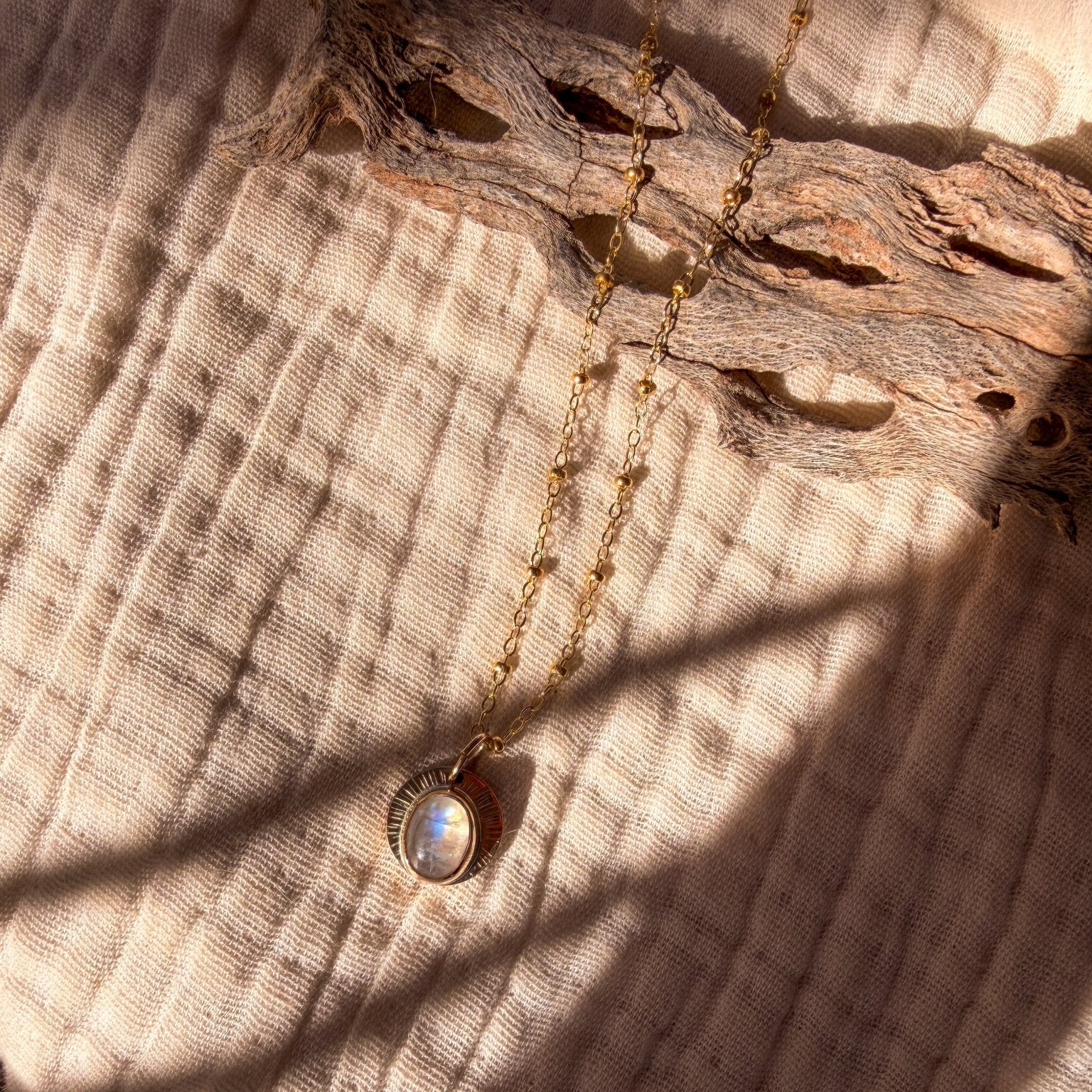 14k Gold - Fill Necklace in Rainbow Moonstone - Golden Road Crafted