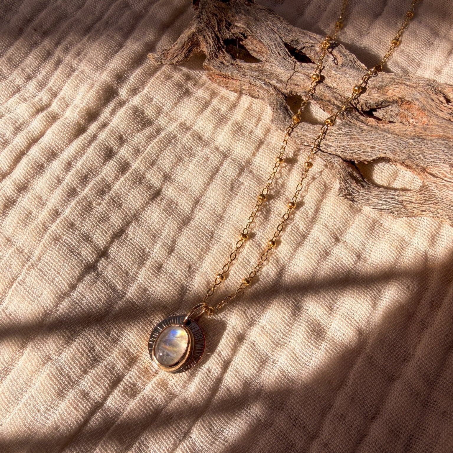 14k Gold - Fill Necklace in Rainbow Moonstone - Golden Road Crafted