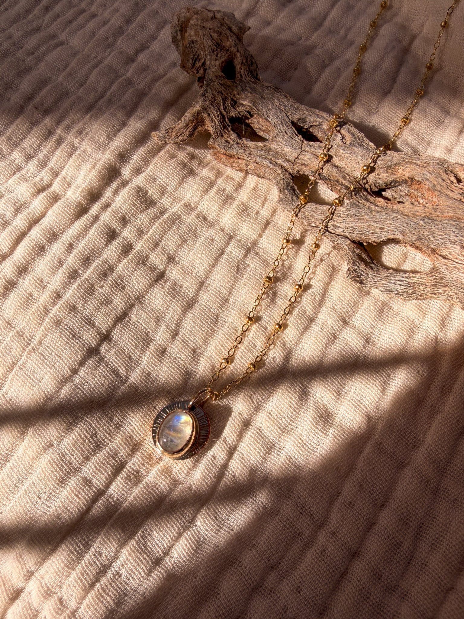 14k Gold - Fill Necklace in Rainbow Moonstone - Golden Road Crafted