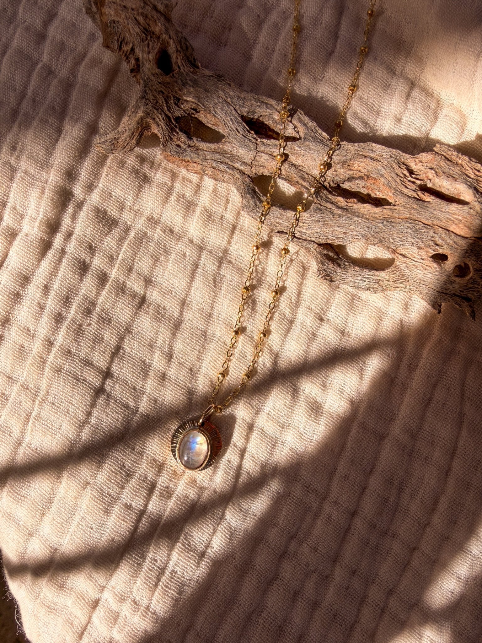 14k Gold - Fill Necklace in Rainbow Moonstone - Golden Road Crafted