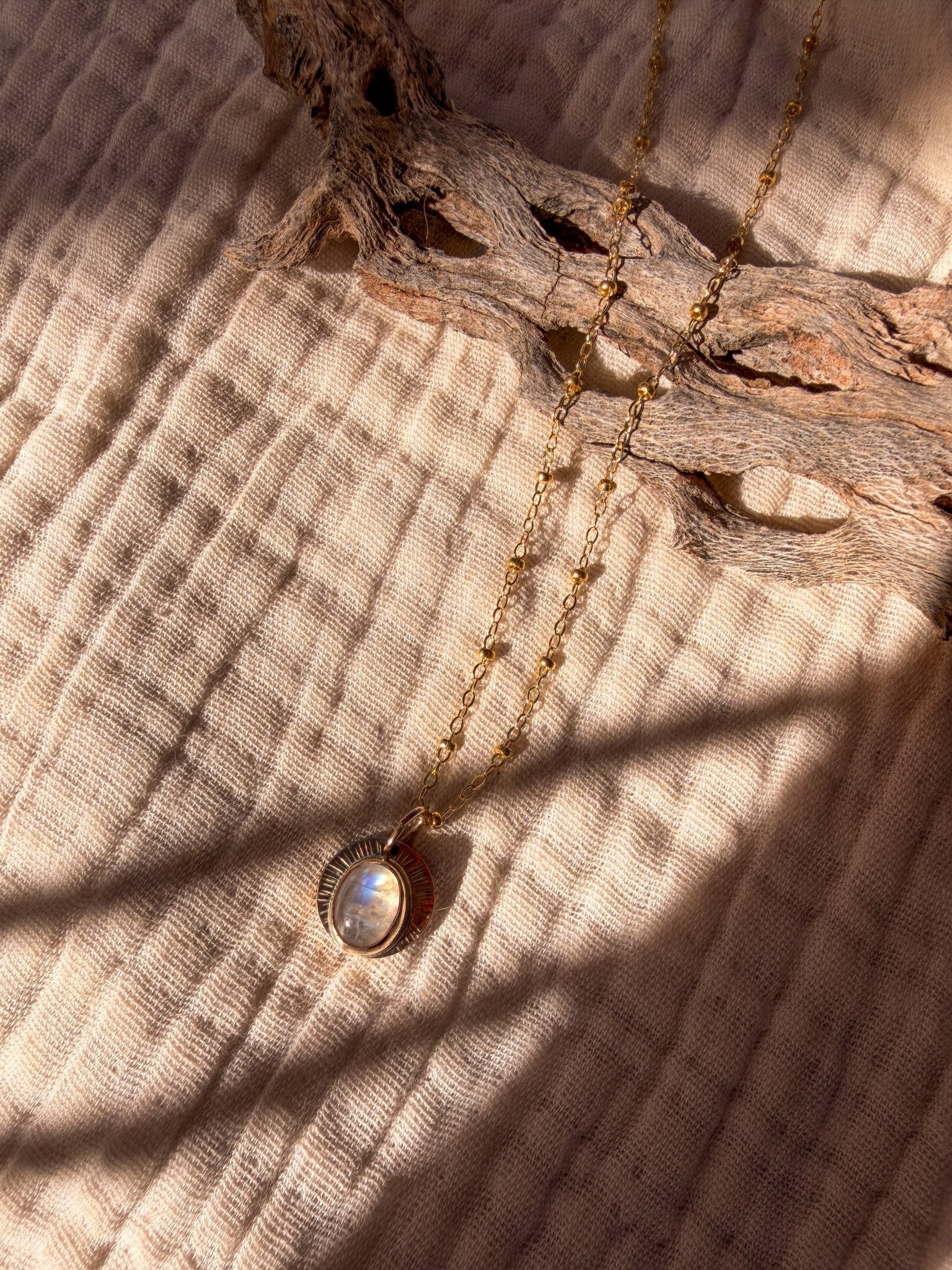 14k Gold - Fill Necklace in Rainbow Moonstone - Golden Road Crafted