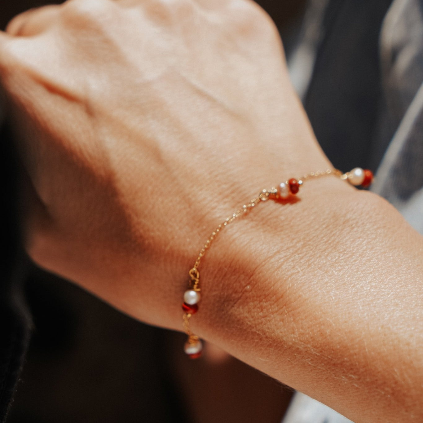 14k Gold - Filled Bracelet in Red Jasper & Pearl - Golden Road Crafted