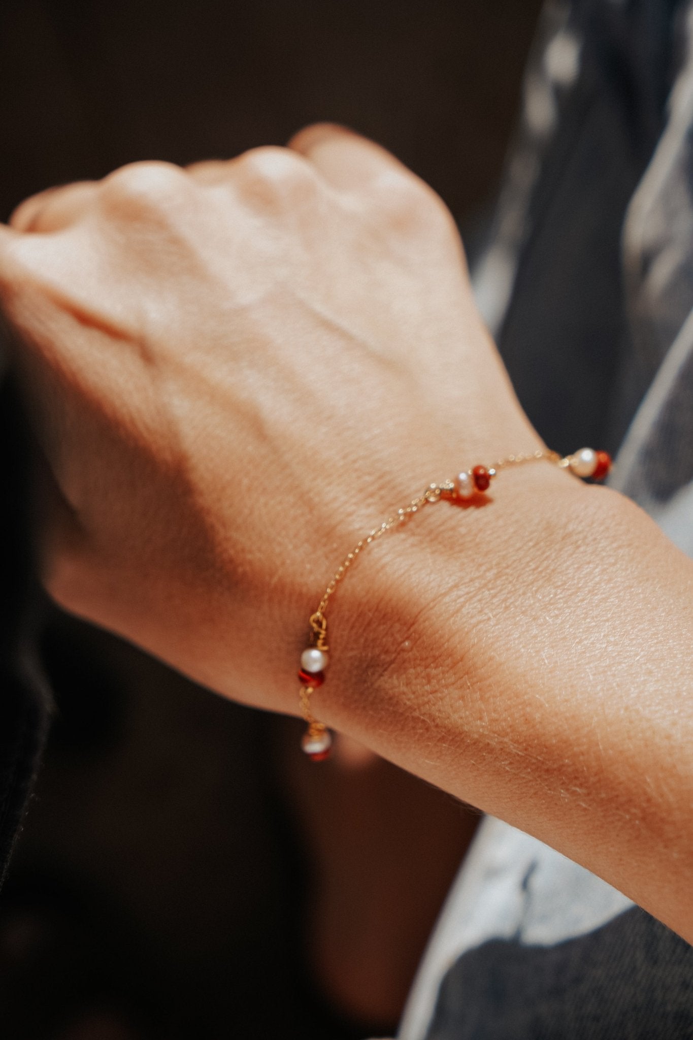 14k Gold - Filled Bracelet in Red Jasper & Pearl - Golden Road Crafted