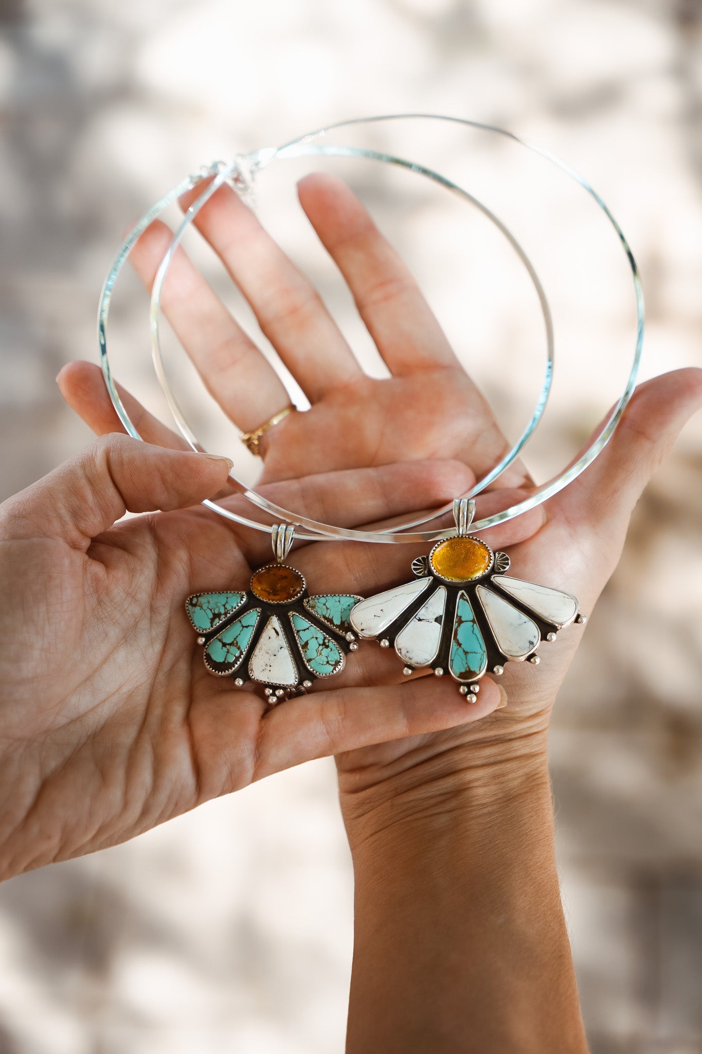 5 SPOTS OPEN: Sonoran Flower Collar in No. 8 Turquoise, White Buffalo, & Amber - Golden Road Crafted