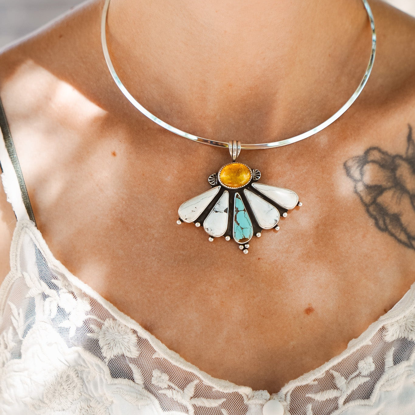 5 SPOTS OPEN: Sonoran Flower Collar in No. 8 Turquoise, White Buffalo, & Amber - Golden Road Crafted