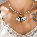 5 SPOTS OPEN: Sonoran Flower Collar in No. 8 Turquoise, White Buffalo, & Amber - Golden Road Crafted