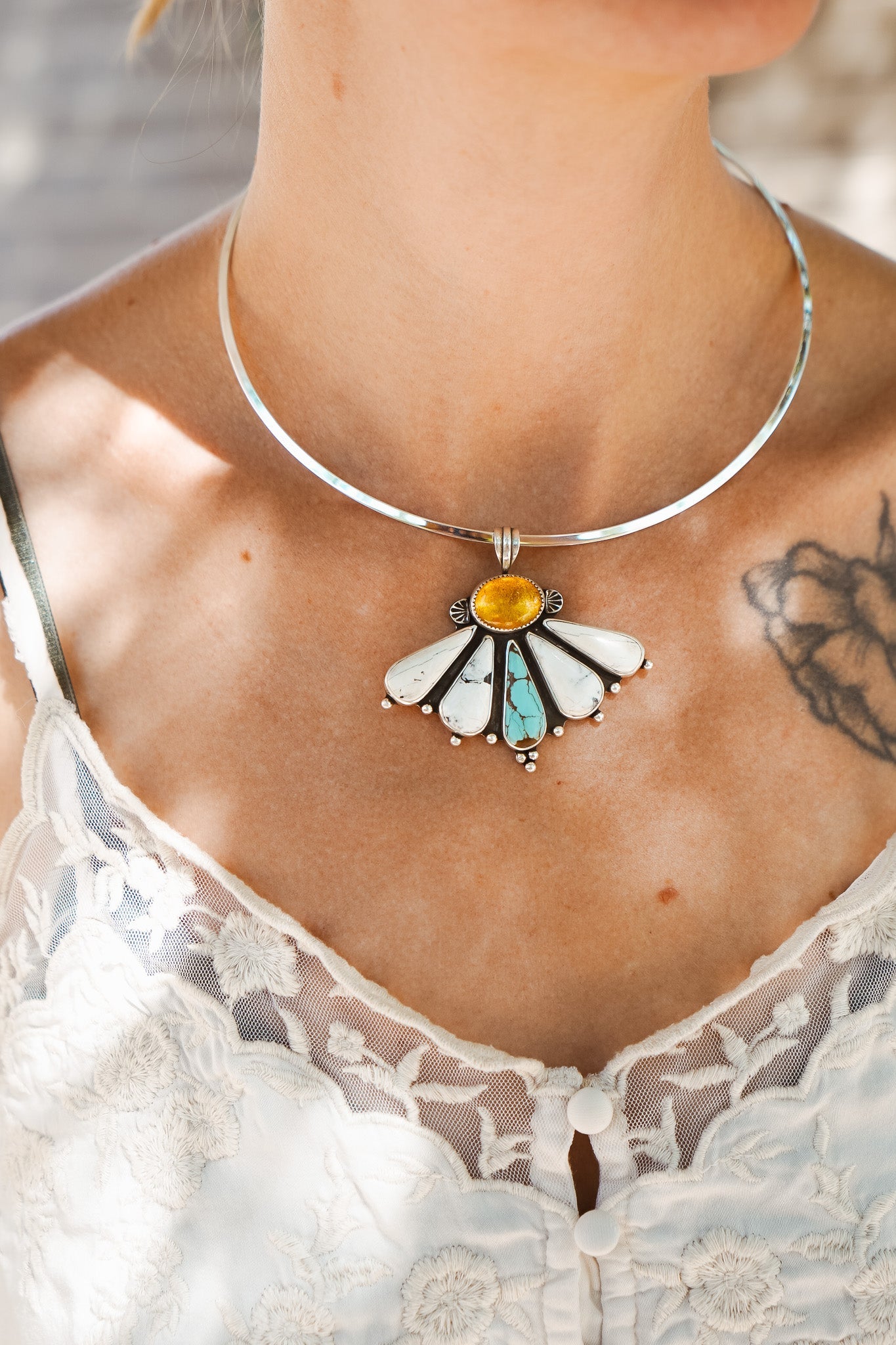 5 SPOTS OPEN: Sonoran Flower Collar in No. 8 Turquoise, White Buffalo, & Amber - Golden Road Crafted
