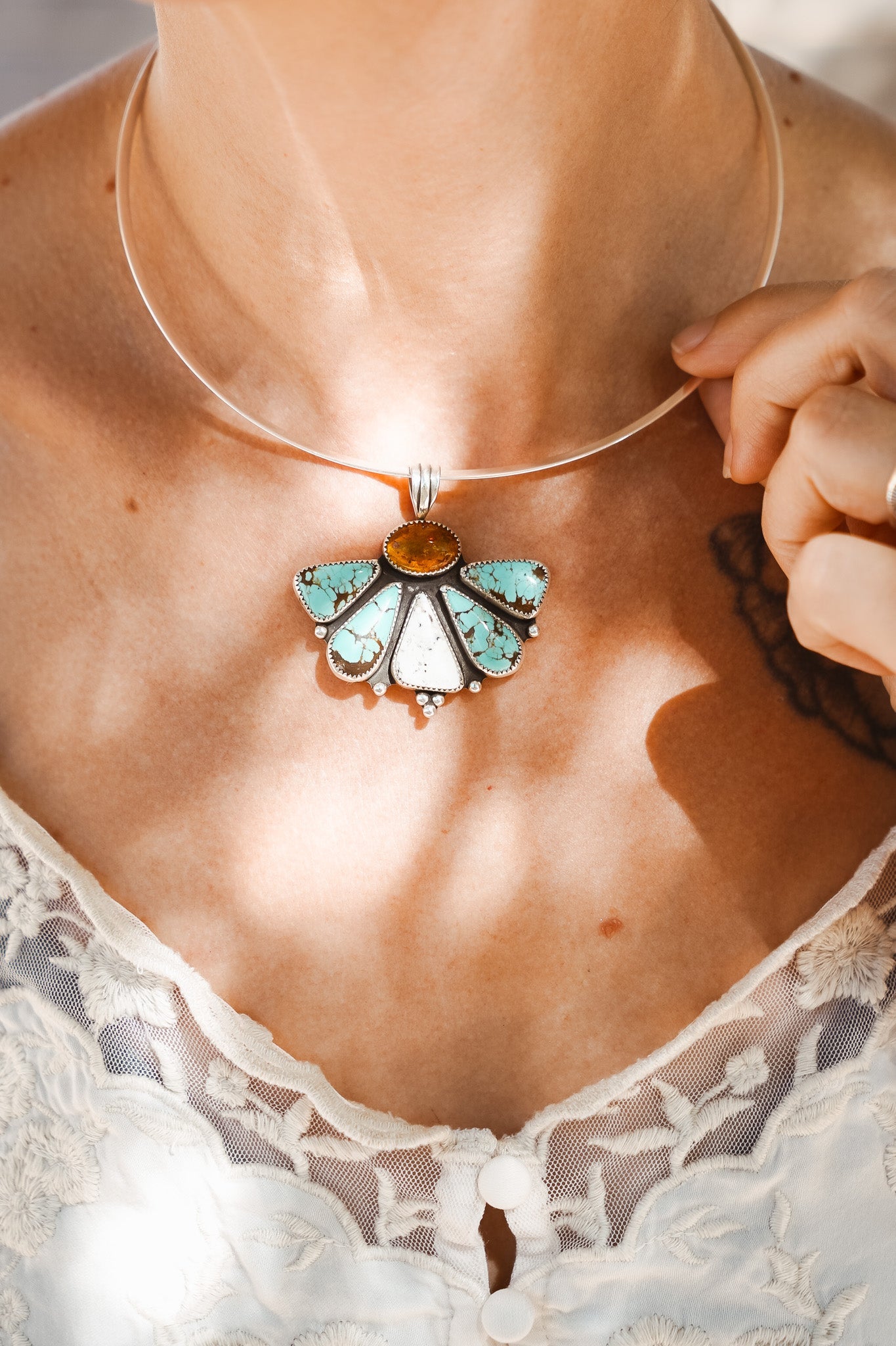 5 SPOTS OPEN: Sonoran Flower Collar in No. 8 Turquoise, White Buffalo, & Amber - Golden Road Crafted
