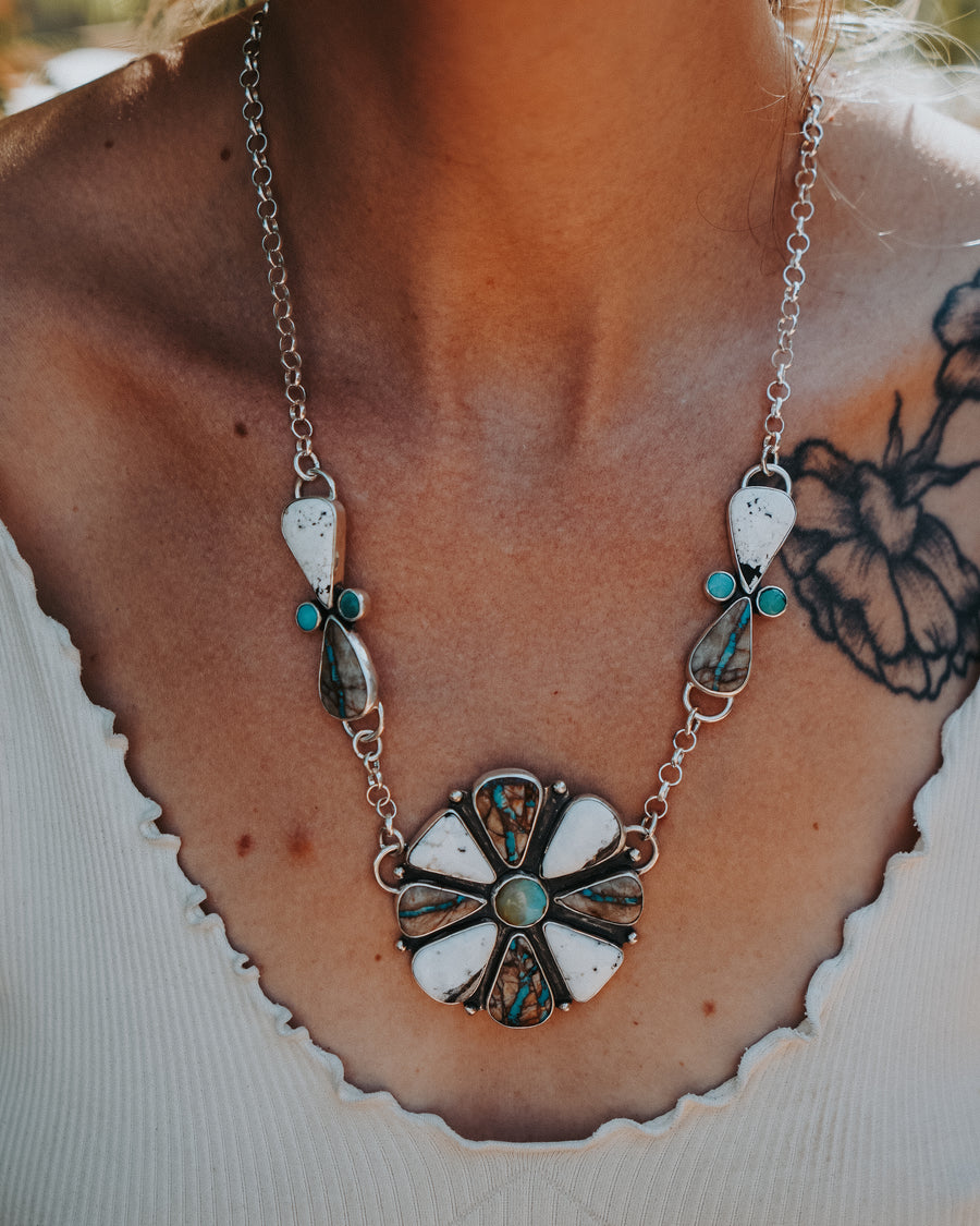 Statement Necklace in White Buffalo, Royston Ribbon, Iron Maiden & Hubei Turquoise