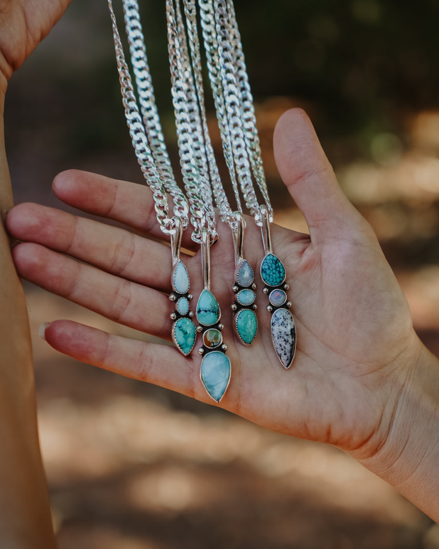 The Chrysalis Necklace in Larimar, Hubei Turquoise, & Boulder Opal Doublet
