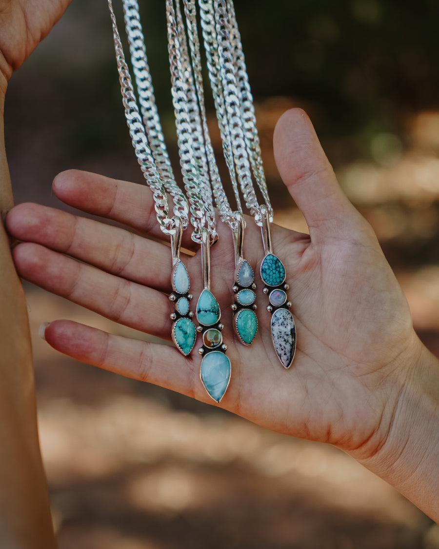 The Chrysalis Necklace in Larimar, Hubei, & Iron Maiden Turquoise