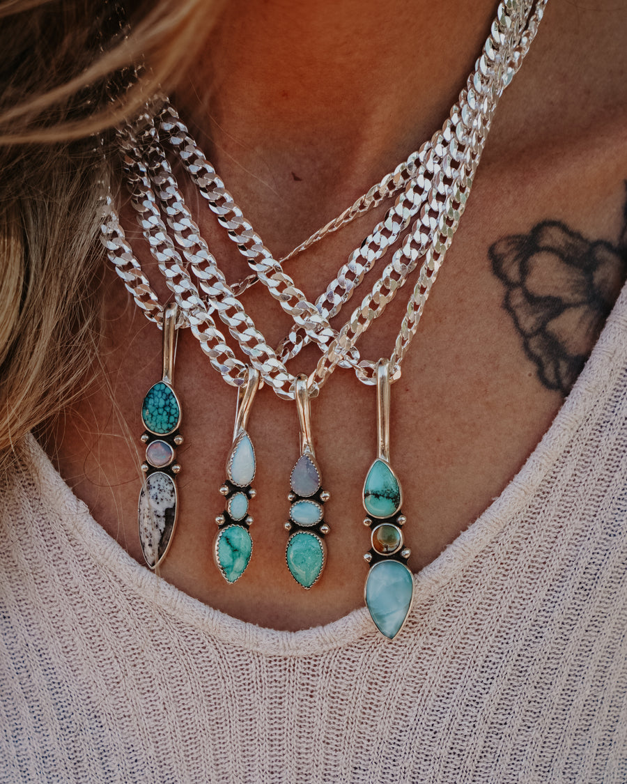 The Chrysalis Necklace in Larimar, Hubei, & Iron Maiden Turquoise