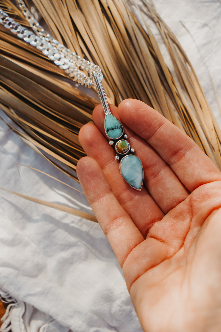 The Chrysalis Necklace in Larimar, Hubei, & Iron Maiden Turquoise