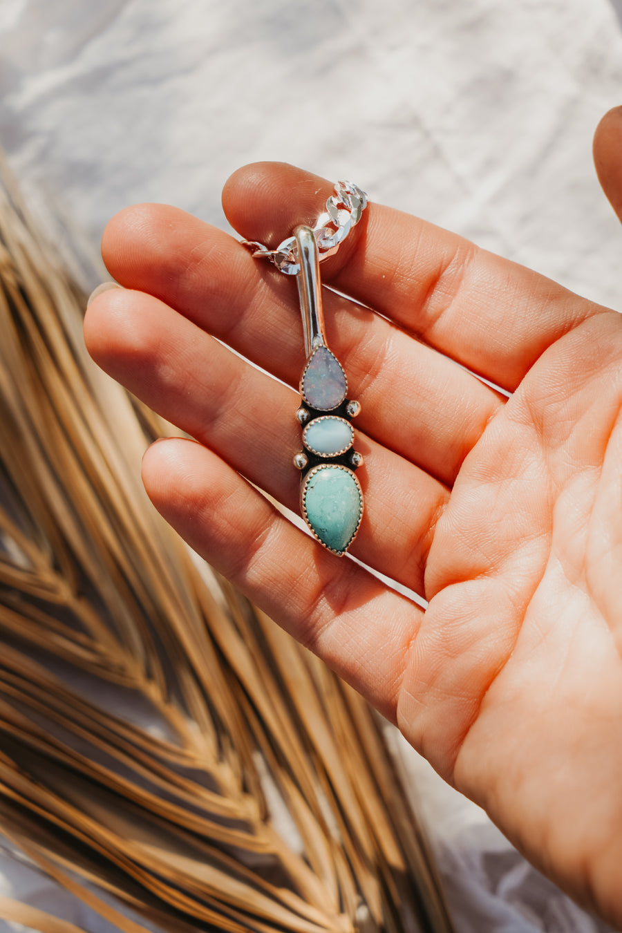 The Chrysalis Necklace in Larimar, Hubei Turquoise, & Boulder Opal Doublet