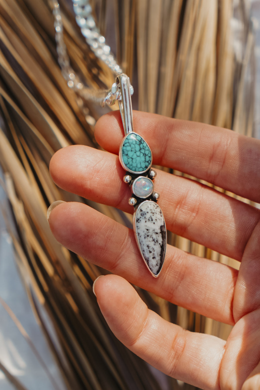 The Chrysalis Necklace in Dendritic Agate, Hubei Turquoise, & Boulder Opal Doublet
