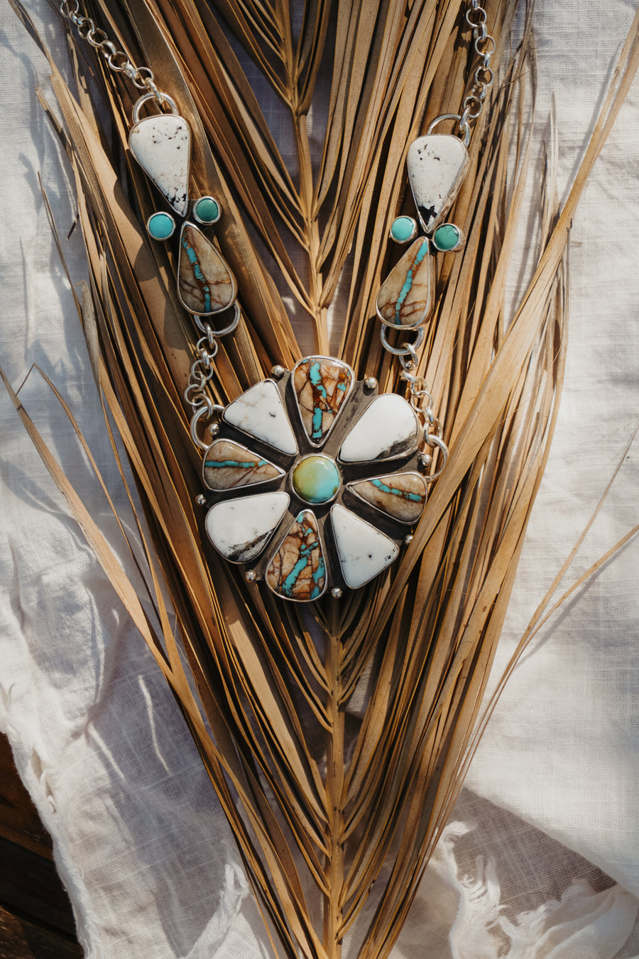 Statement Necklace in White Buffalo, Royston Ribbon, Iron Maiden & Hubei Turquoise