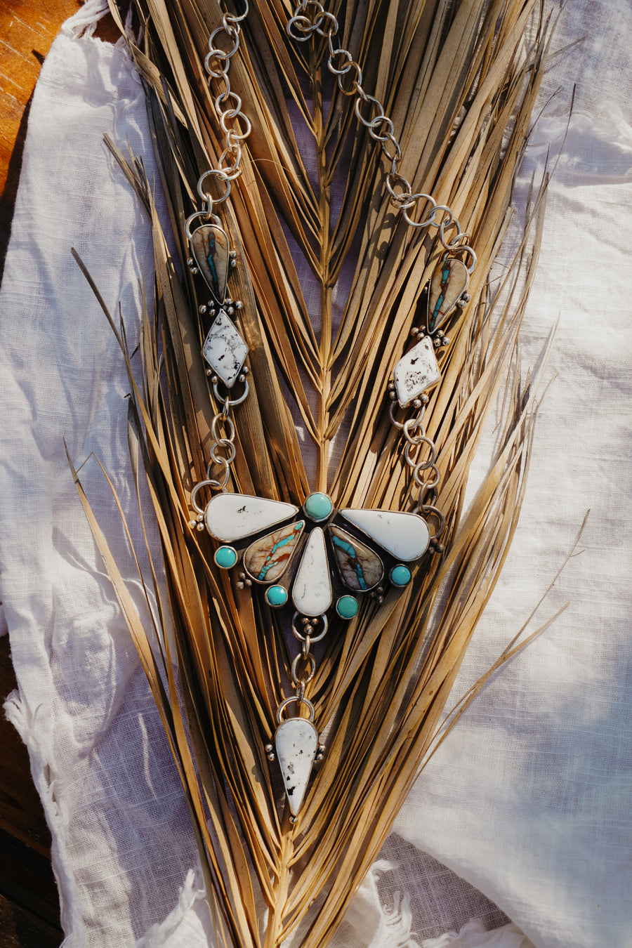 Statement Necklace in White Buffalo, Royston Ribbon, Iron Maiden & Hubei Turquoise