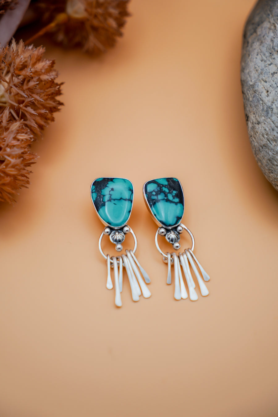 Stud Earrings in Hubei Turquoise with Sterling Silver Fringe