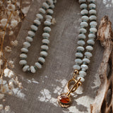 14k Gold-Fill Necklace in Orange Kyanite w/ AAA Mother of Pearl + Moss Agate Beads