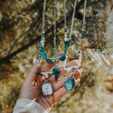 Statement Necklace in Hubei Turquoise with Hubei, Mother of Pearl, and Carnelian Bead Chain