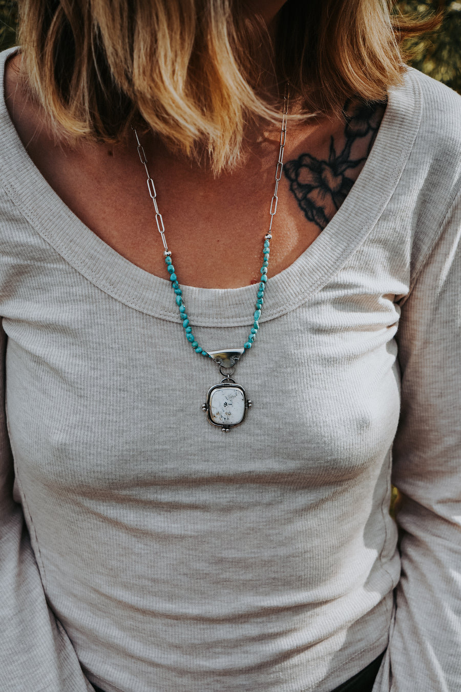 Statement Necklace in White Buffalo with Kingman Turquoise Bead Chain