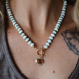 14k Gold-Fill Necklace in Orange Kyanite w/ AAA Mother of Pearl + Moss Agate Beads