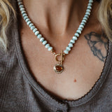 14k Gold-Fill Necklace in Orange Kyanite w/ AAA Mother of Pearl + Moss Agate Beads