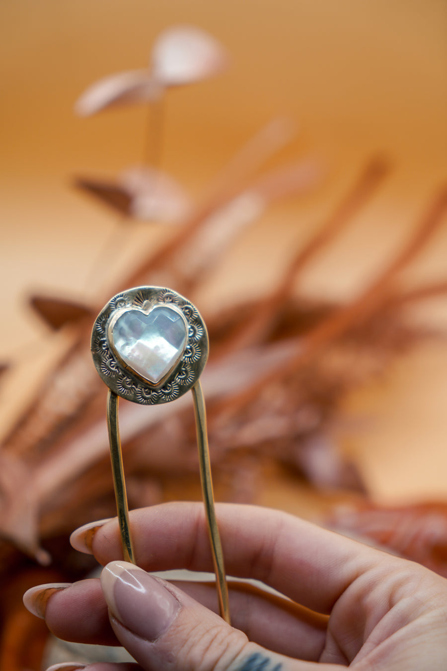 Hair Fork in Mother of Pearl Hearts