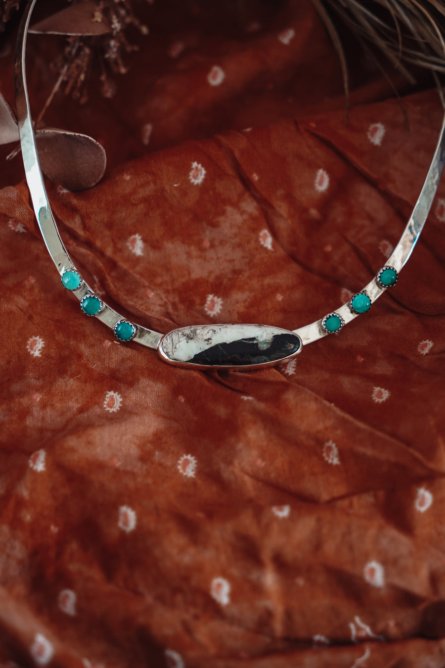 Hammered Neck Cuff in White Buffalo & Kingman Turquoise