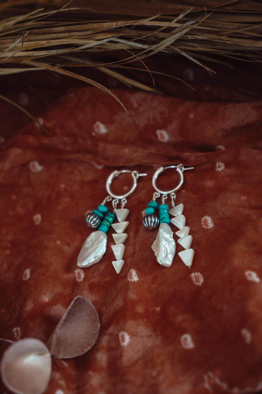 Charmed Earrings in Blue Ridge Turquoise, Mother of Pearl, & Sterling Silver Beads