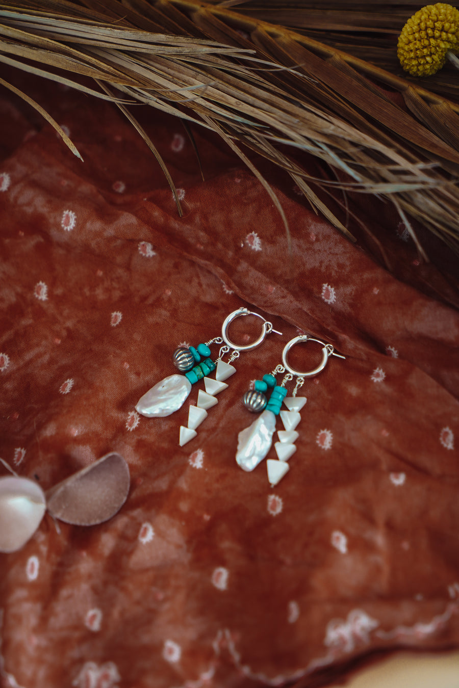 Charmed Earrings in Blue Ridge Turquoise, Mother of Pearl, & Sterling Silver Beads